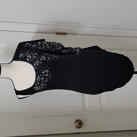 Guess Size M Black with Gray Animal Print Accent, Ruched Side Bodycon Dress - Picture 1 of 11